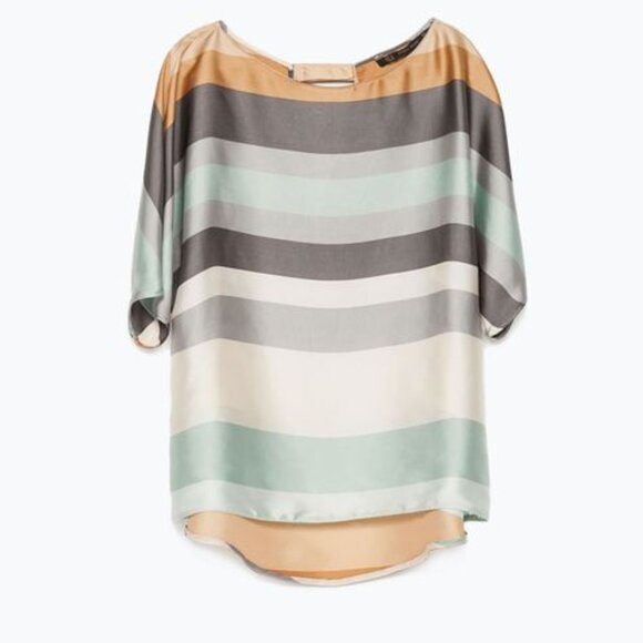 Zara Silky Short Sleeve Blouse with Cream, Gold & Blue Stripes - Picture 1 of 5
